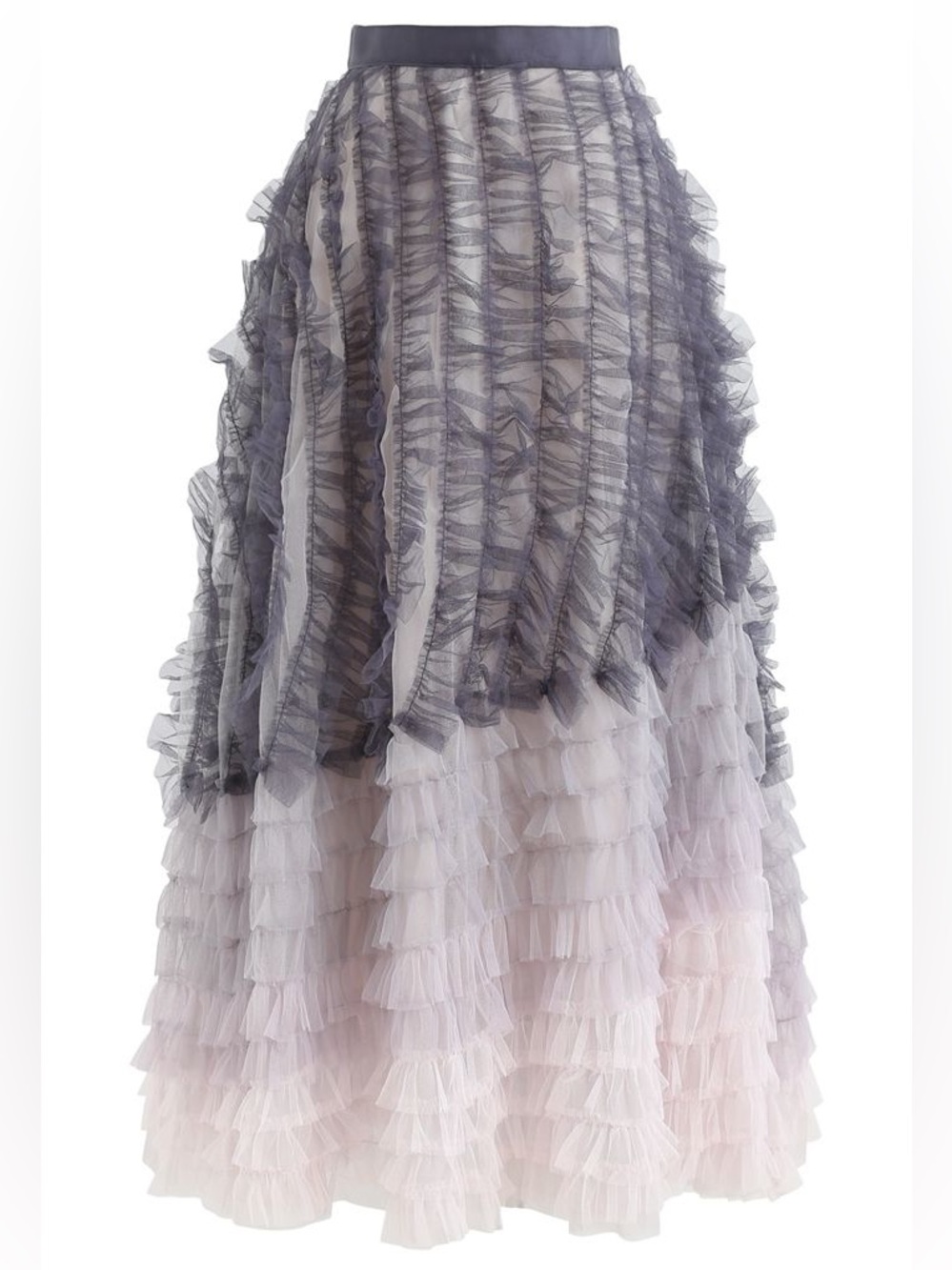 Chicwish Gray Gradient Tiered Ruffle Mesh Tulle Maxi Skirt M